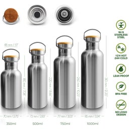 Ruostumattomasta teräksestä valmistettu termospullo 1000 ml - Natural Steel